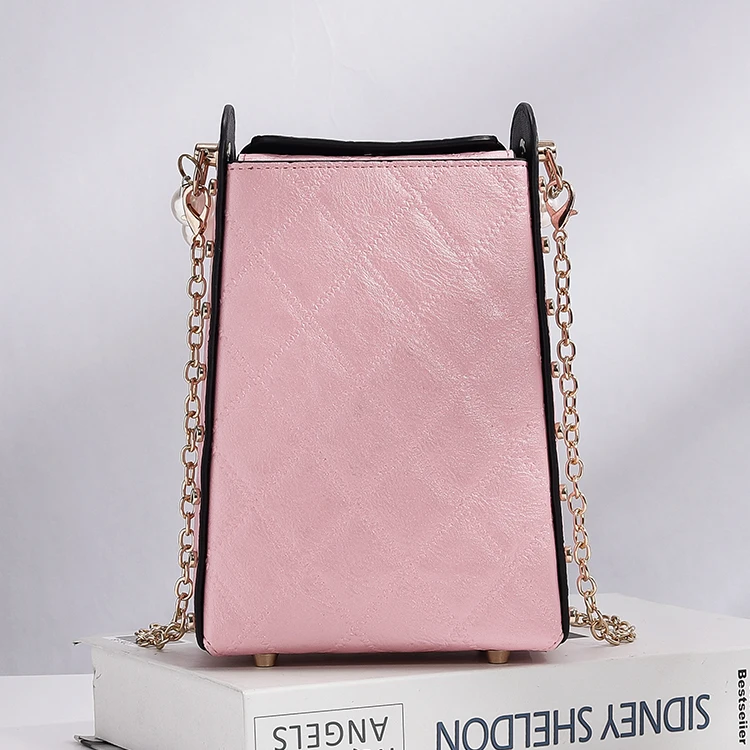 Handle Classic Diamond Sewing Crossbody Single Strap Shoulder Bag Mobile Phone Pearl Pu Leather for Girls Factory Pink Polyester
