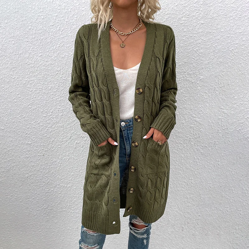 2021 Autumn Winter Long Cable Knitted Women Cardigan Sweater Woman Oversized Single Breasted V Neck Knit Cardigans For Ladies
