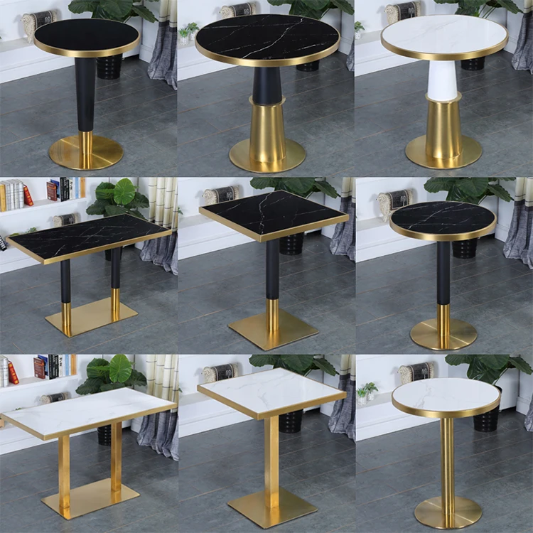 New product custom size luxury restaurant tables gold metal base square marble top cafe dining table