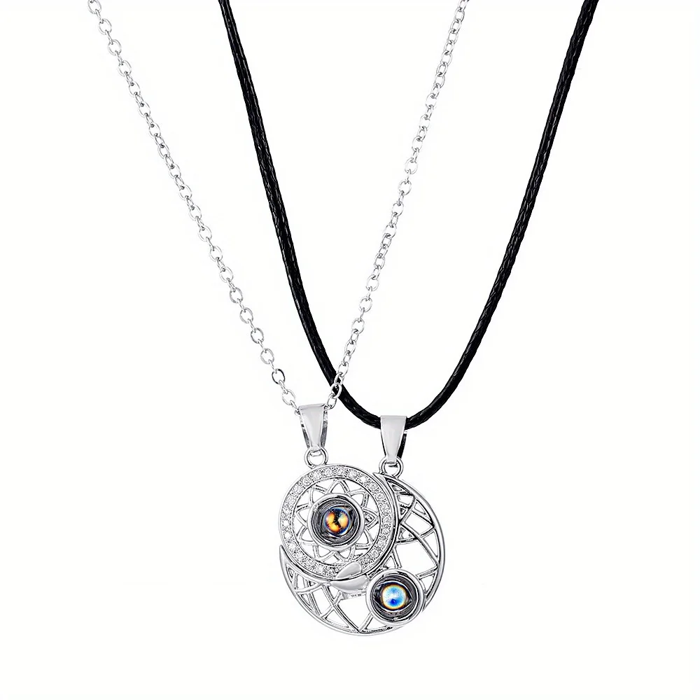 Sun Moon Couples Projection Necklace Fashion Magnetic Pendant Chain Necklace 100 Languages I Love You Stitching Necklace