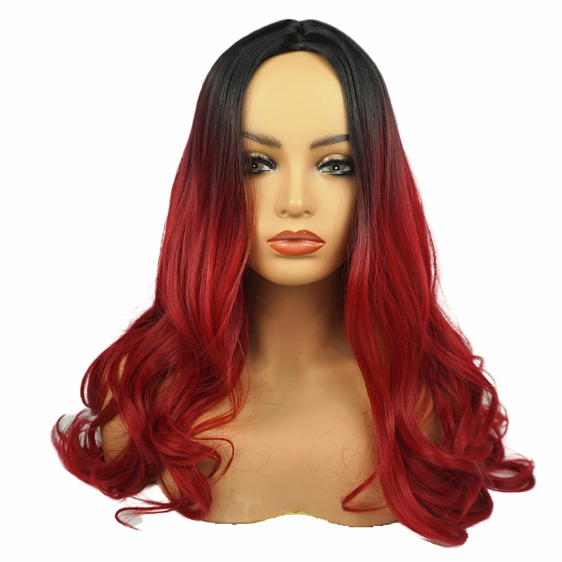 Wholesale 28inch 280G Black Ombre Red Color Cosplay Party Long Cerly Wave Women Synthetic Wigs