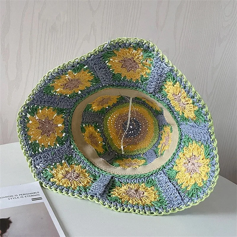 Handmade Panama Crochet Sun Flower Straw Beach Fascinator Cap Visor Bucket Hats