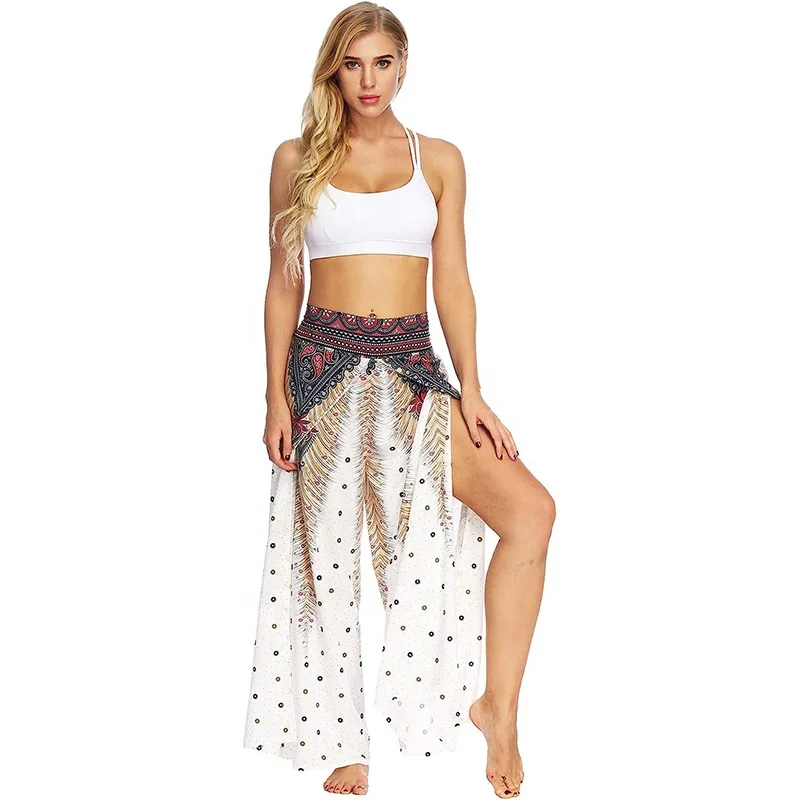 Womens Bohemian Yoga Pants Thailand Indonesian Hippie Split Trousers Gypsy Costume Boho Clothing Palazzo Pants