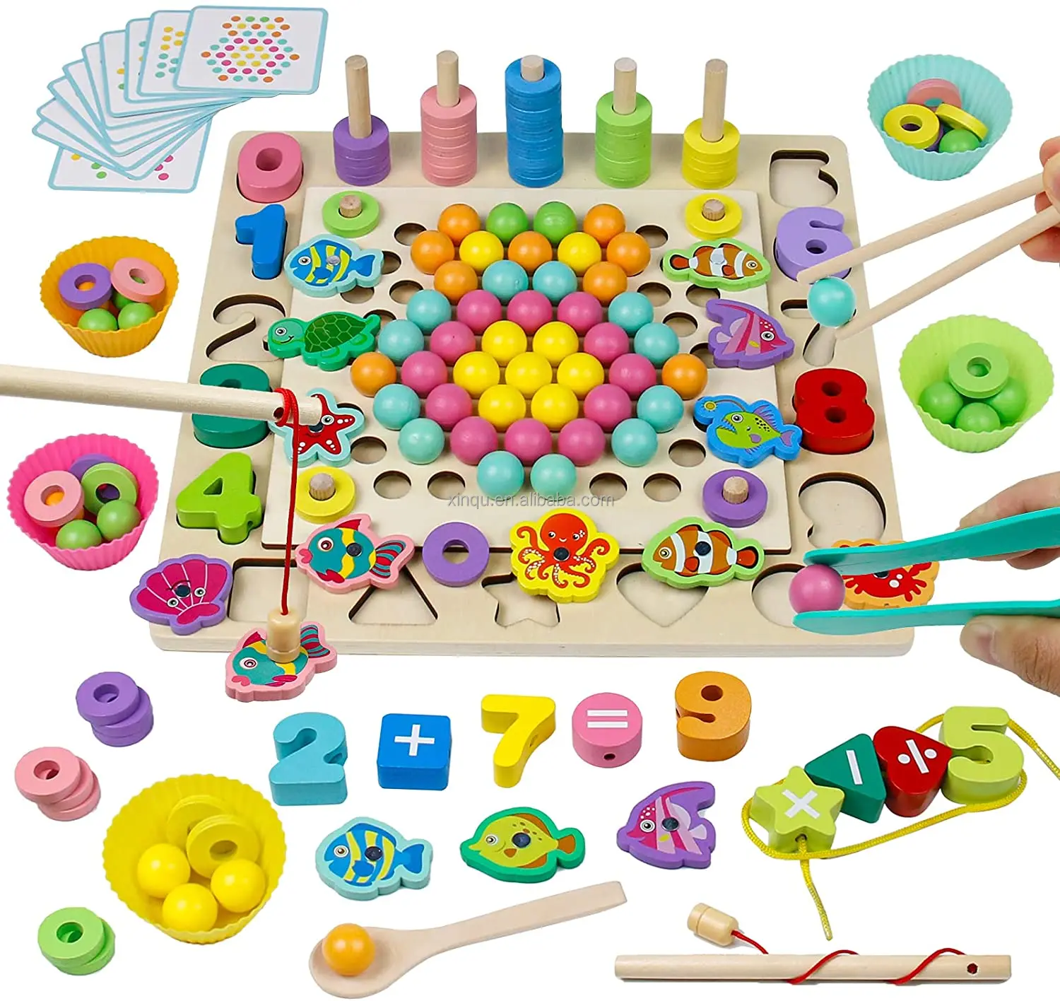 80 Beads & 10 Puzzle Cards Board Games Educational Learning Toys Gifts Wooden Bead Clip Toys for Kids