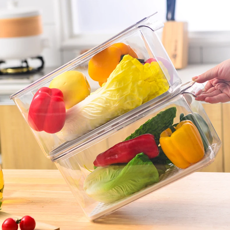 BPA Free Clear PET Plastic Stackable Fridge Refrigerator Freezer Vegetable Fruits Food Storage Box Bin with Lid and Drain Tray