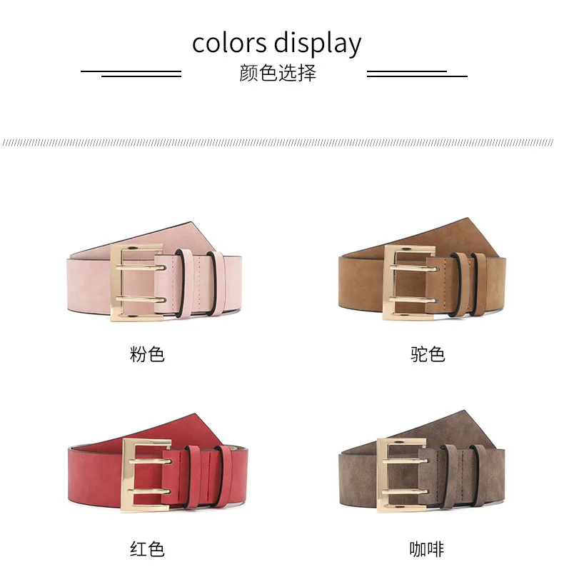 Summer new matte PU texture ladies elegant wide belt double pin buckle solid color belt factory direct sales