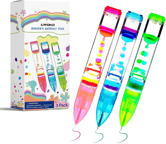 Liquid Timer Pen Retractable Ballpoint Pen with Colorful Moving Bubbles Droplets Relaxing Calming Fidget Sensory Writing Toy