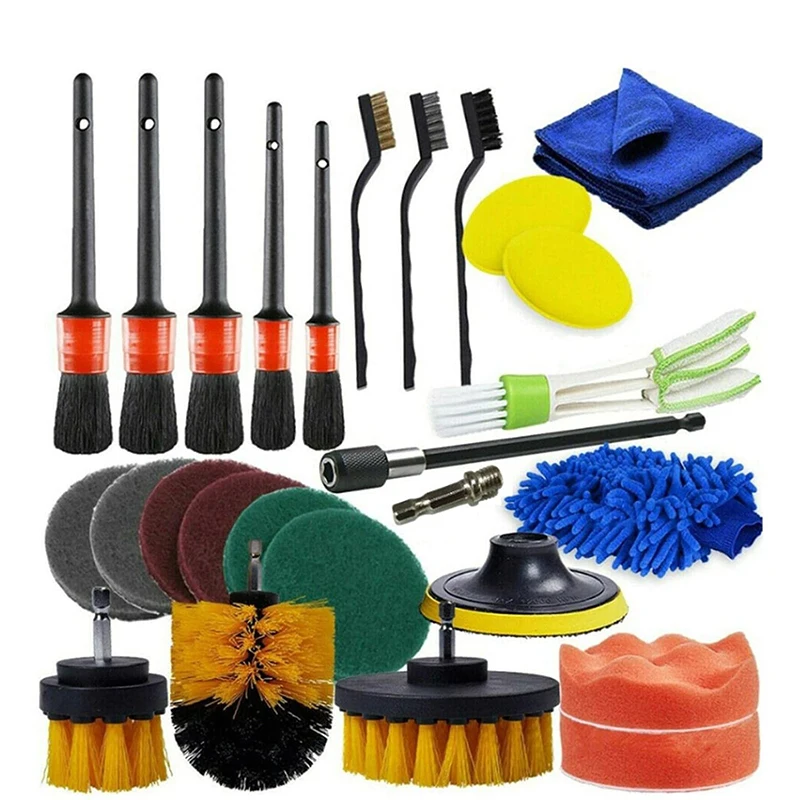 27Pcs Car Detailing Drill Brushes Set For Air Vents Wheel Rim Cleaning Auto Car Wash Tools