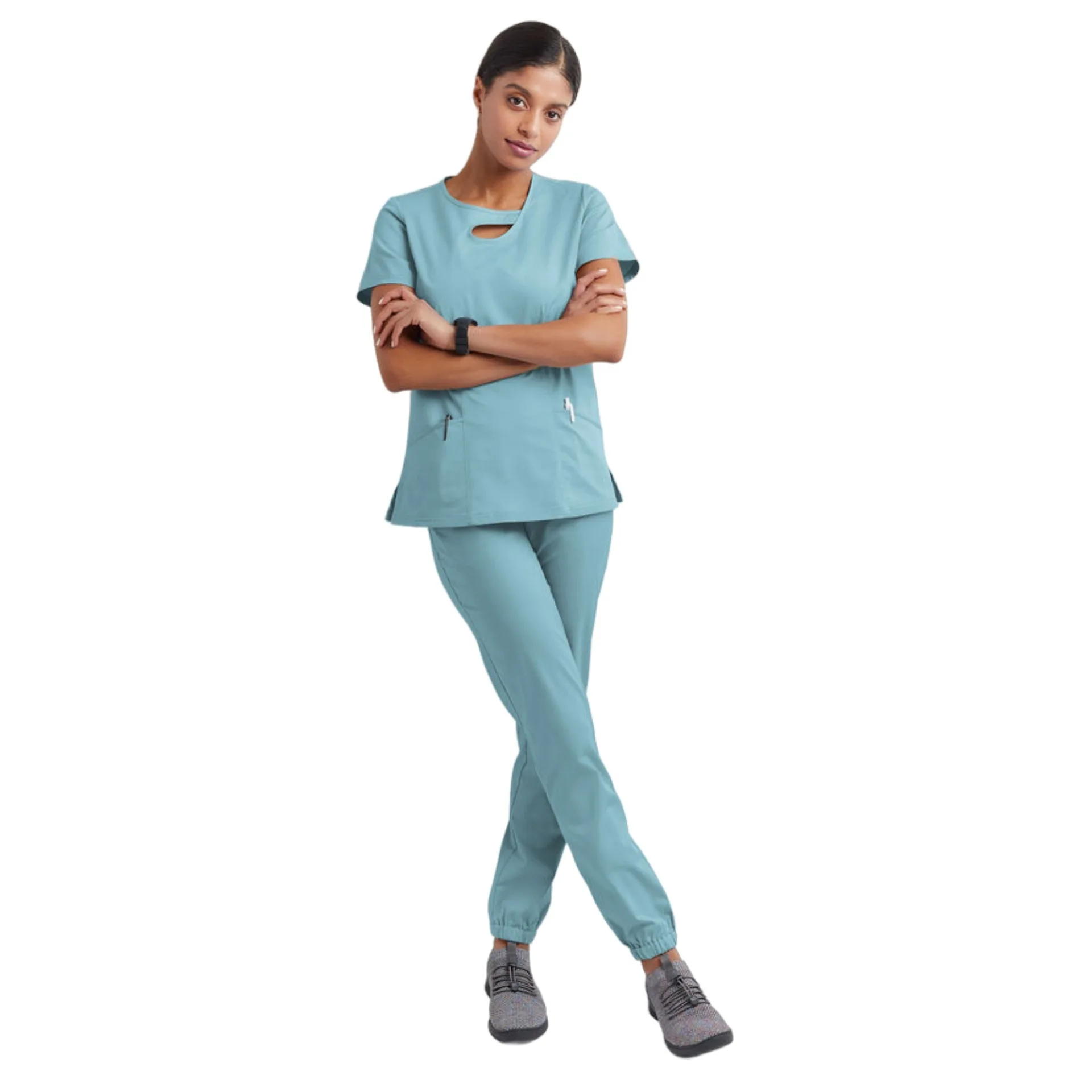 2024 New Factory Spa Nursing Medical Hospital 2 Piece Custom Logo Dental Clinic Doctor Women Jogger Button Scrubs Uniforms Set