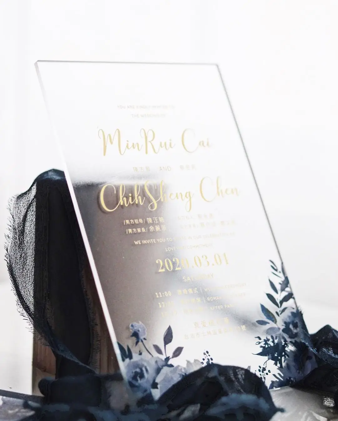 Beautiful And Elegant Watercolor Floral Wedding Acrylic Invitation With Blue Lined Envelope