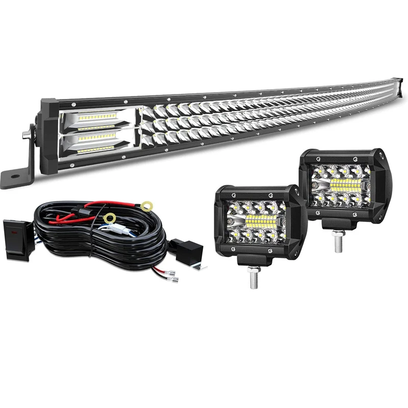 
50Inch 684W Curved LED Light Bar+2PCS 4Inch LED Cube Pods Grill Roof Windshield for Polaris Ranger Honda Pioneer Can Am X3 Maver 