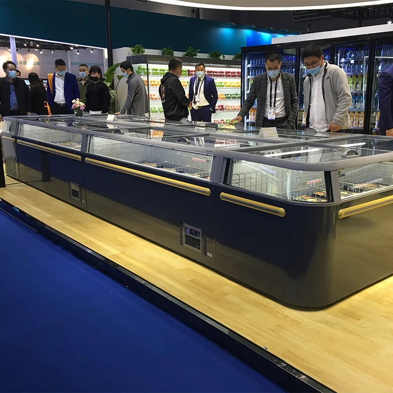 Blast Freezing Supermarket Display Freezer Commercial Curved Sliding Glass Horizontal Refrigerator Showcase