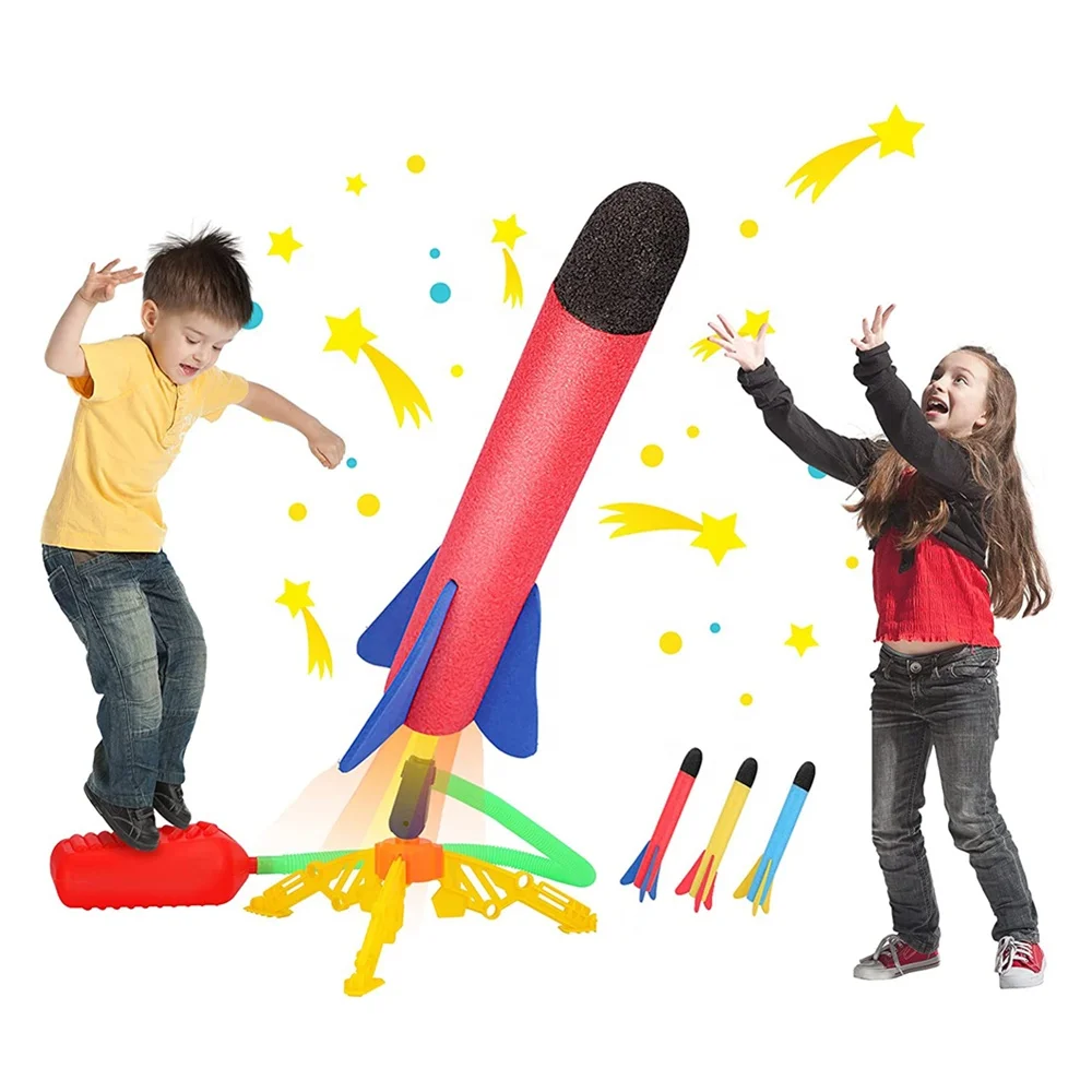 Rocket Launcher for Kids, 3 Colorful Foam Rockets and Air Rocket Stomp Launcher, Summer Outdoor Toy Sports Games