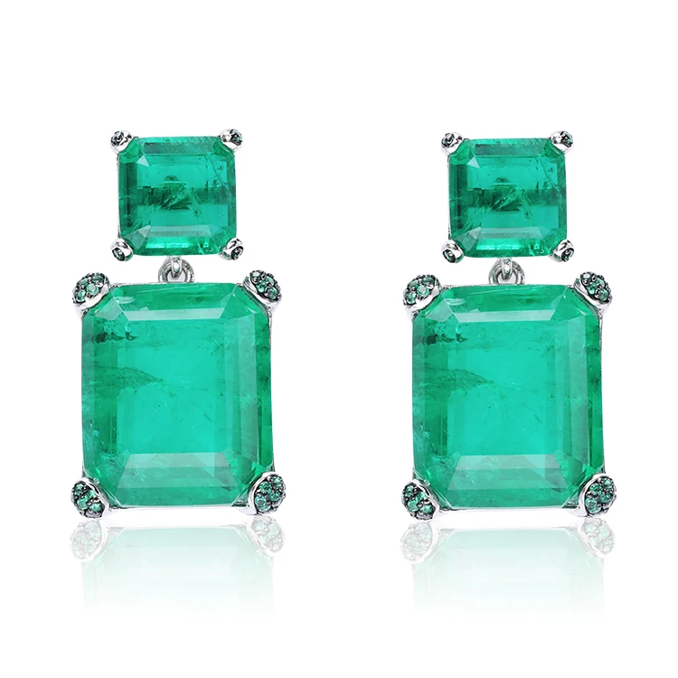 Square Cut Setting Cubic Zirconia Dangle Earings Jewelry Women 925 Silver Emerald Green Earrings