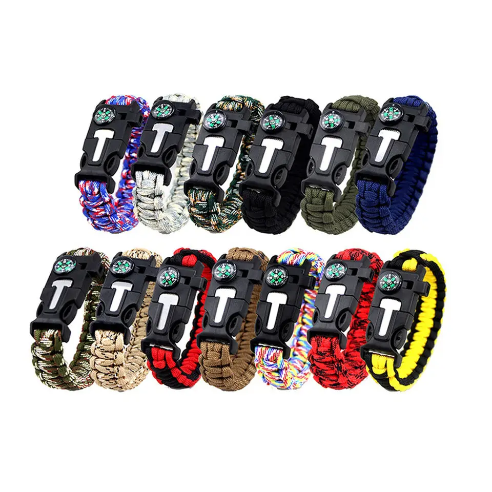 Paracord Rope Whistle Compass, Scraper Fire Starter Multifunction Outside Buckle Bangle Bracelet