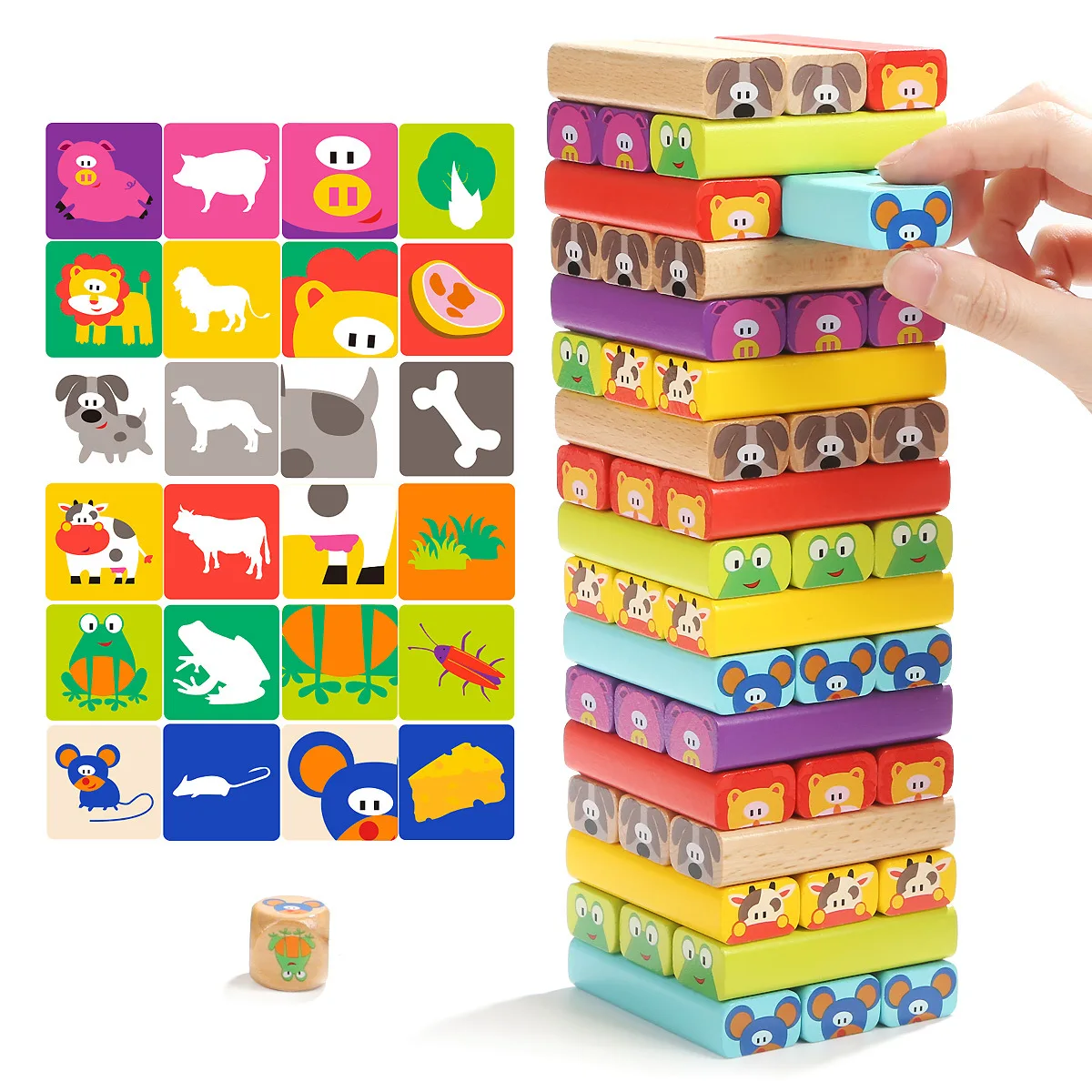Amazon Hot Sale 78PCS Colored Wooden Blocks Stacking Board Games Tumble Tower Games with Animal Pictures for Kids