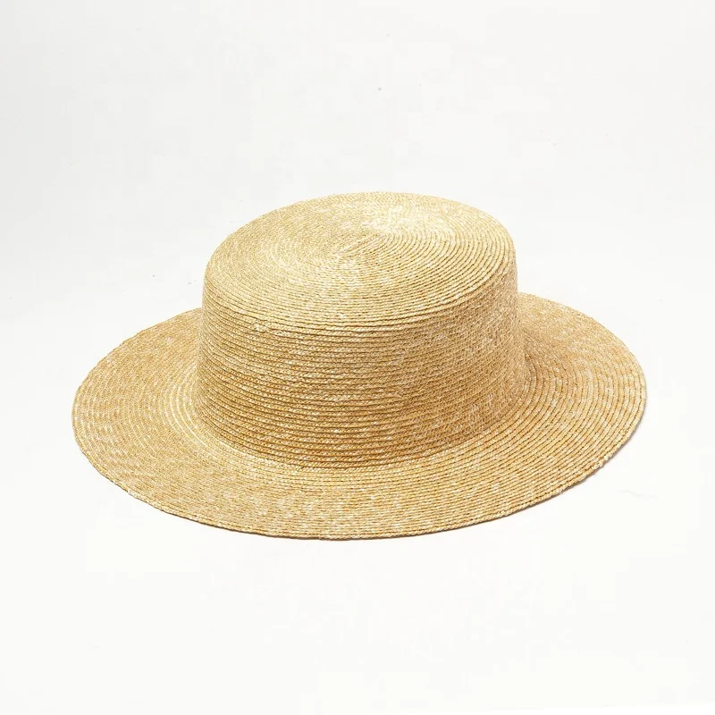 custom 10cm flat brim 0.6-1.2cm fine wheat boater crown straw hats with removable double strand rope band