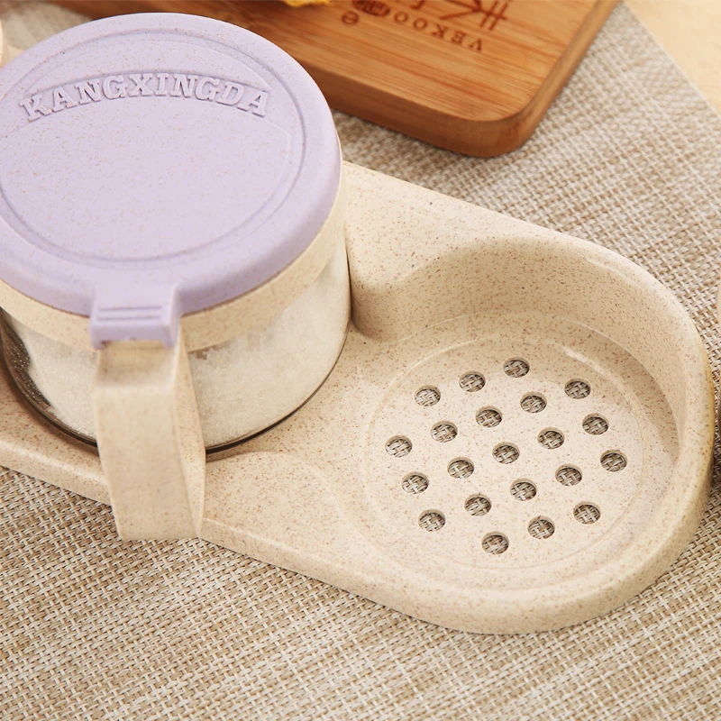 Kitchen wheat fiber 300ml*4  salt pepper sugar storage box condiment container cruet set glass seasoning jar with spoon