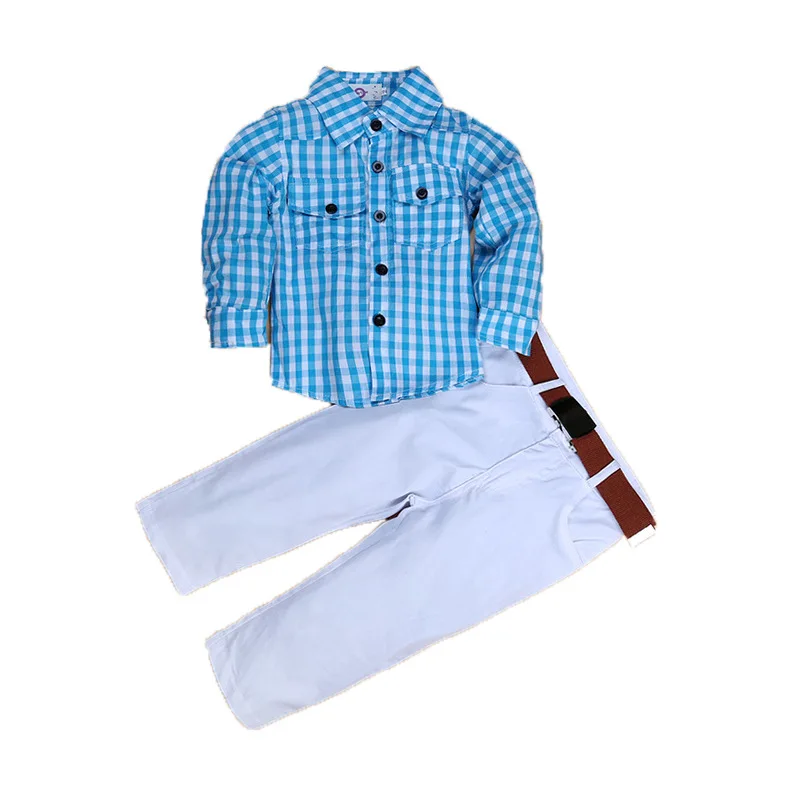 
Long Sleeve Plaid Shirt with White Trousers with Belt boys kids clothing shirt Summer 
