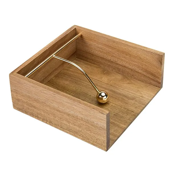 Acacia Wood Square Napkin Holder for Table with Brass Tone Weighted Arm