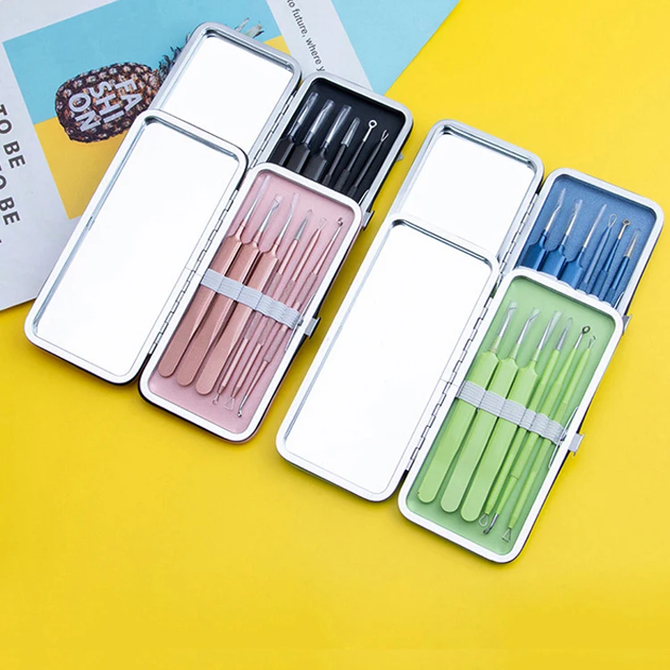 High quality fashion 6 PCS pimple popper tool kit acne needle blackhead tweezers set with mirror box