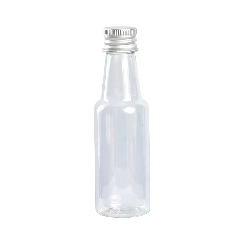 China Wholesale 50/100/150 ml Transparent Small  Plastic Shot Bottle With Aluminum Lid /   Alcohol Beverage PET Plastic Bottles