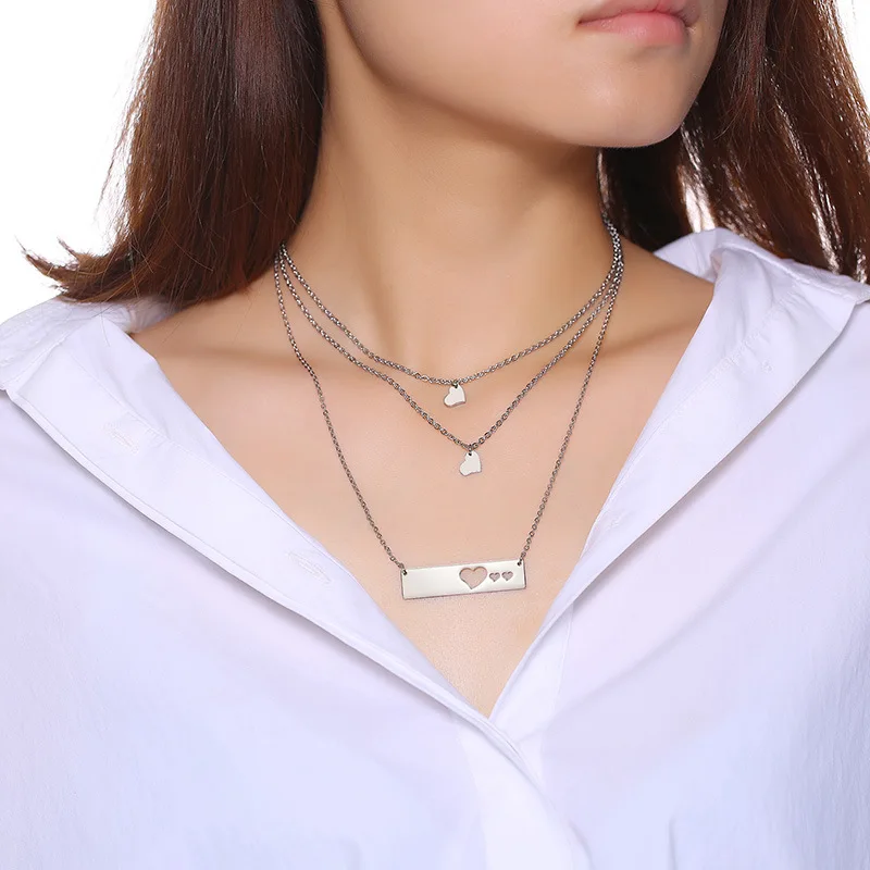 Stainless steel long heart-shaped three-layer necklace silver simple Japanese and Korean lady necklace
