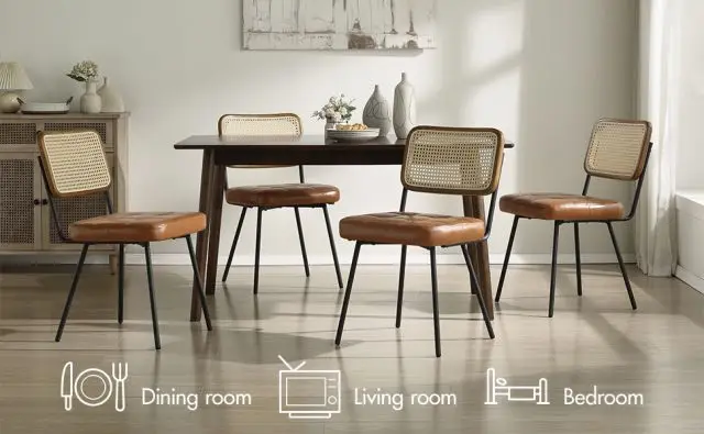 Wood Rattan Armless Rattan Back Black Wood Frame Dining Chairs Set of 2 Genuine Leather Upholstered Kitchen Chairs