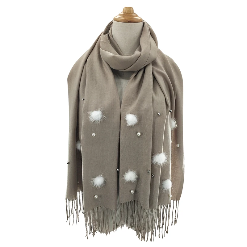 
Wholesale fashion female solid color imitated cashmere scarf with fashion pom poms pearls and tassel long scarf 
