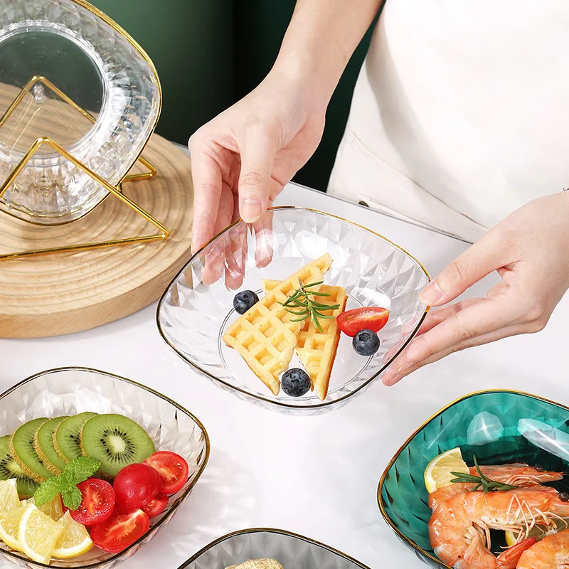 Hot Selling Creative Living Room Restaurant Vintage Snack Food Dish Fruit Glass Plate Square Snack Home Plastic Fruit Plate