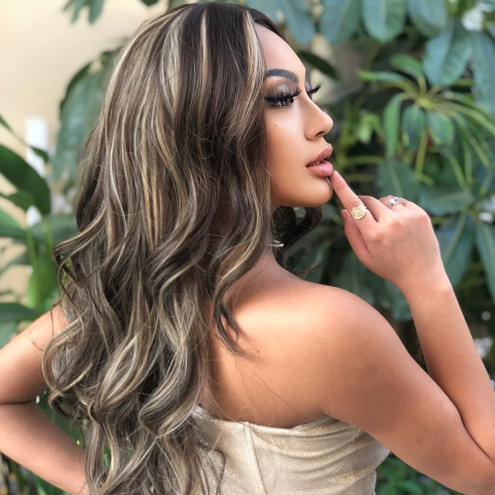 Cheap Middle Part Long Wave Black Mixed Brown Wigs For Black Women Fiber Wigs Synthetic Highlight Hair Wig