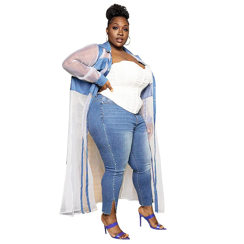 
2021 new arrival plus size women plus size Loose splicing long gauze see-through spring coat 