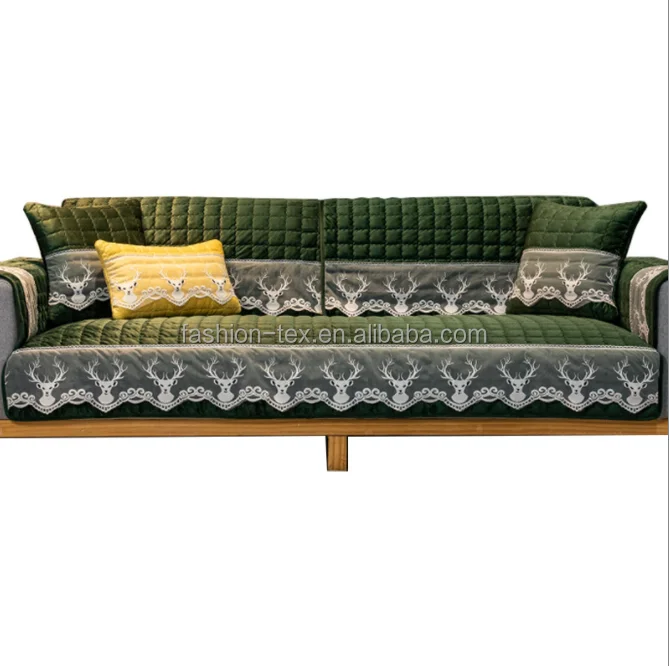 Factory industrial 2 and 3 and 7 quilted pure color chenille with lace seater sofa cover and matched pillowcase cover