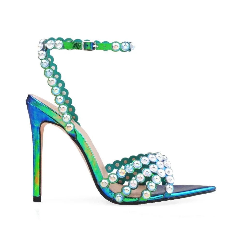 2024 wholesale ladies black green summer designer shoes pointed toe rivet big size high heel women fashion sandals