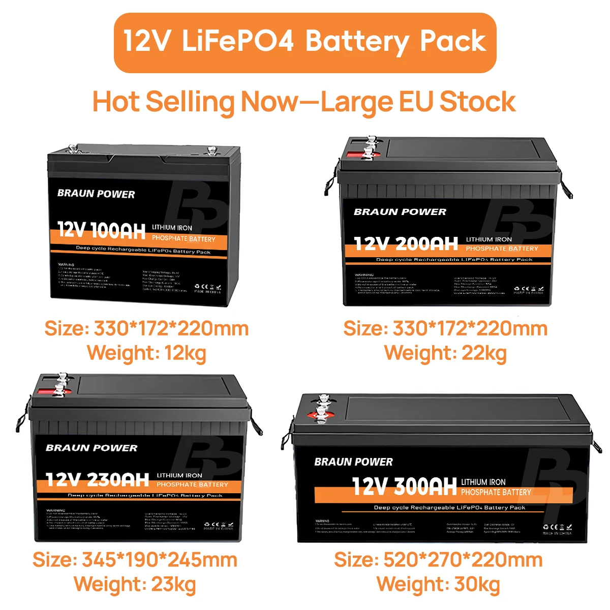 EU Stock Wholesale LiFePo4 Battery 12v 50AH 100Ah 200Ah 400Ah Bluetooth IP65 Waterproof Deep Cycles Rechargeable Solar Battery