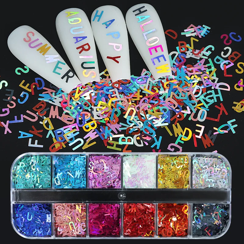 12-case laser lettering sequins laser 26-letter color nail sequins nail drop glue DIY fill accessories wholesale