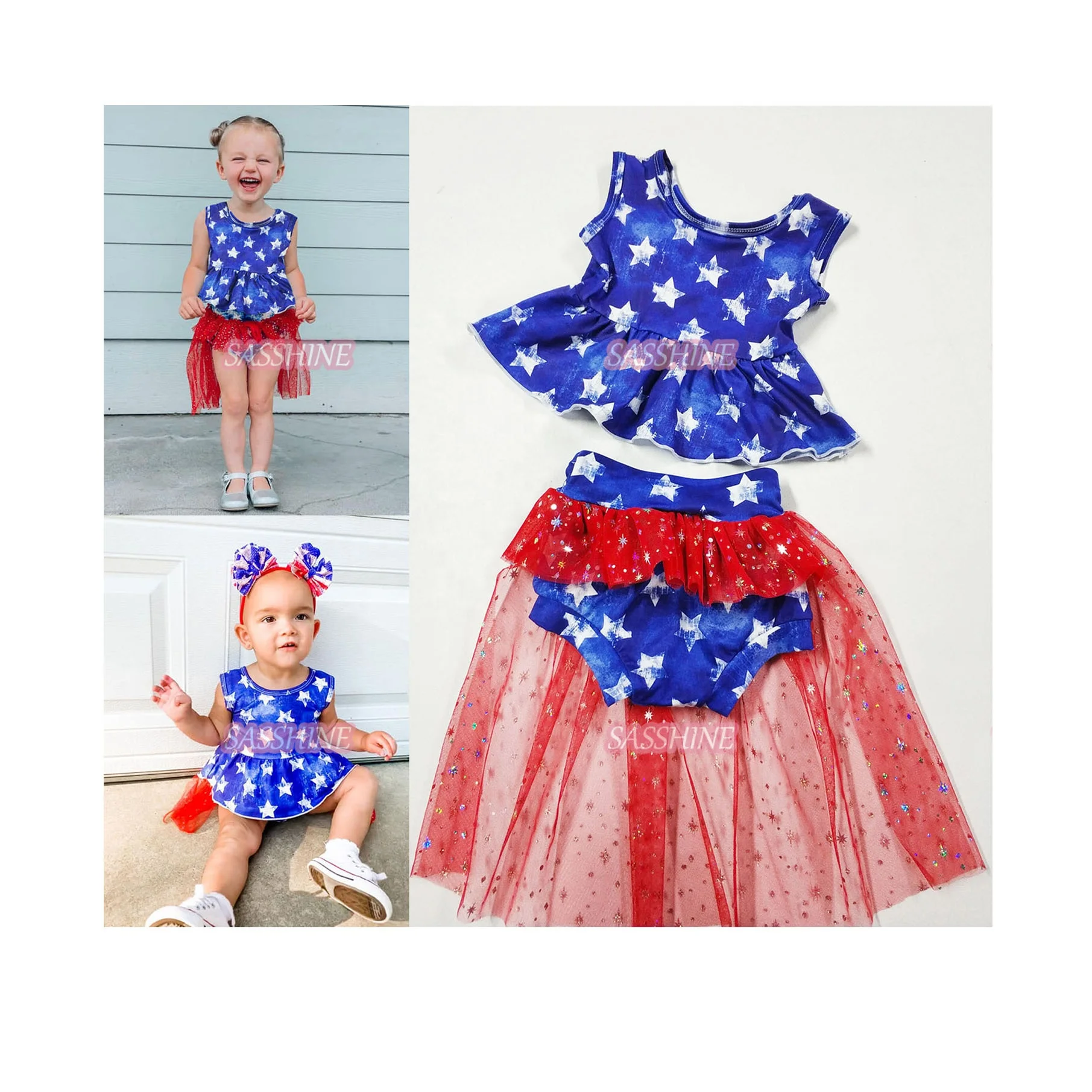 New Fashion Cute 4th of July Girl Sequins outfits Baby Tutu Stars Printed Skirt Tutu Dresses For Girls Kids