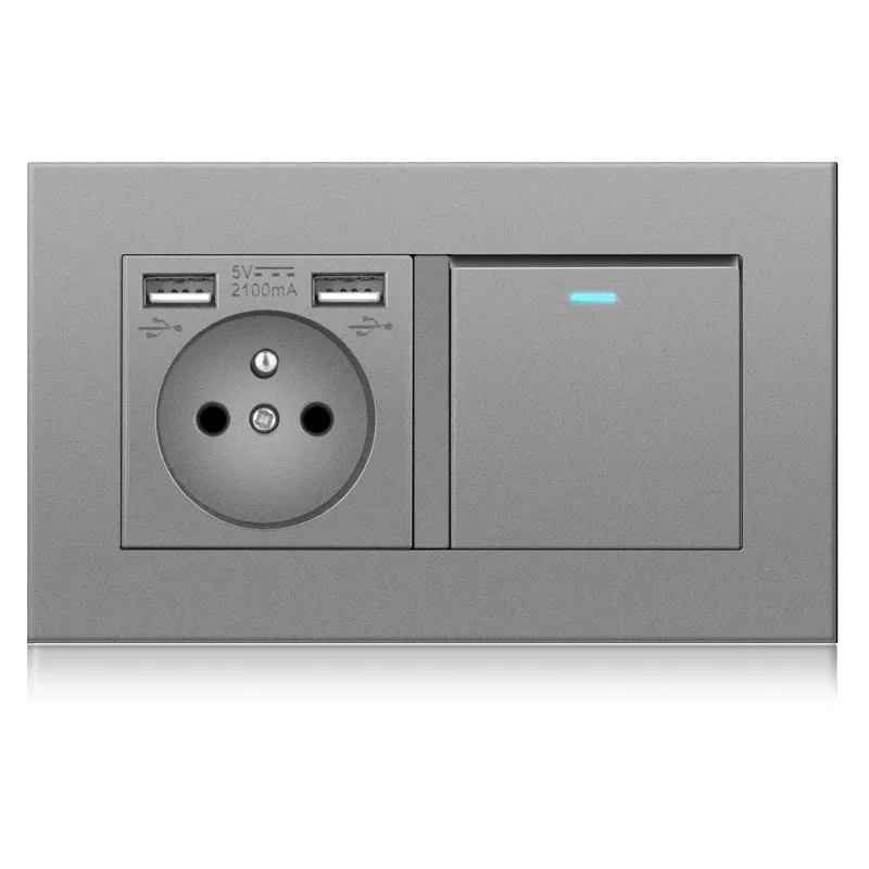 Factory customized PC panel French EU wall socket dual USB charging port one press switch