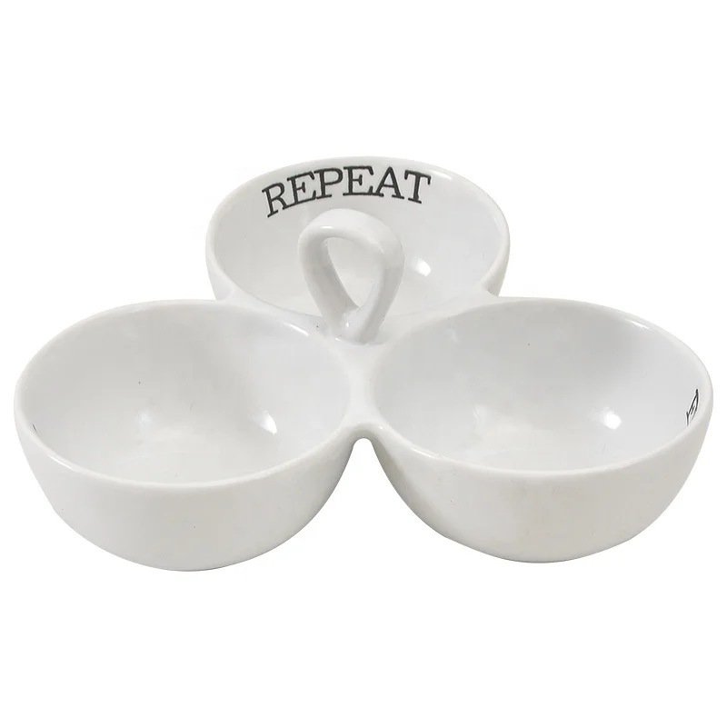 Unique Design Ceramic Serving Plate 3 Compartment Table Party Snack Dish Appetizer With Handle Dip Dish