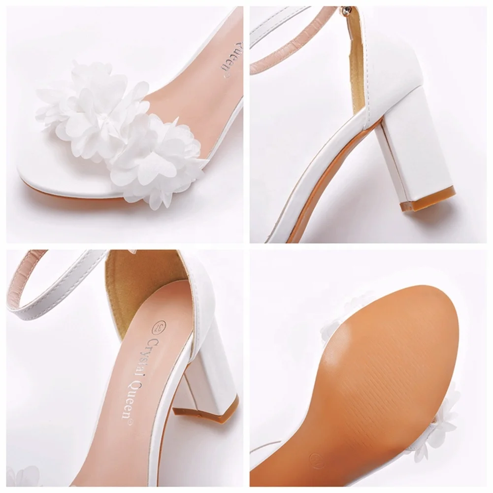 Women Wedding Party Sandals Flowers Ankle Strap Pumps White 7CM Medium Square Heels Bridal Shoes
