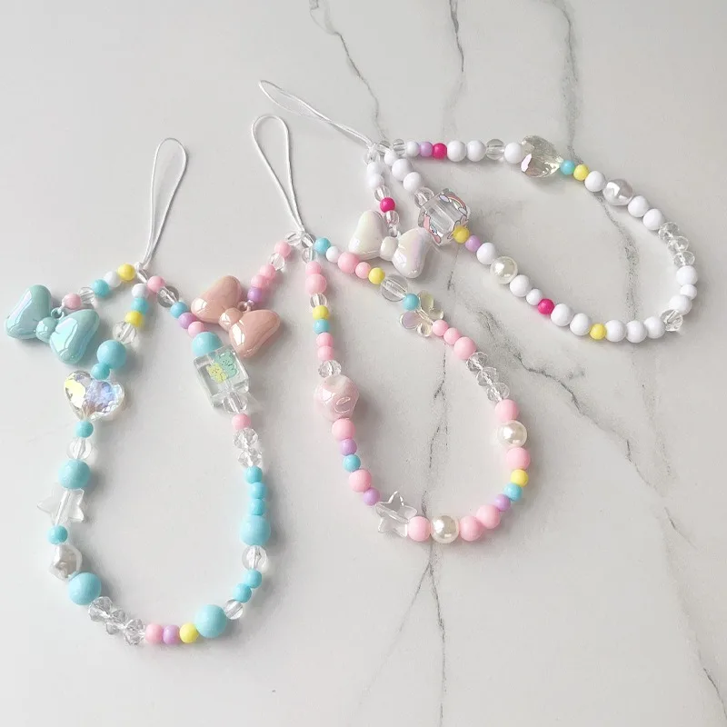 Sweet Candy Color New Bow Pendant Phone Hanger Colorful Cute Handmade Beaded Short Wrist Phone Chain