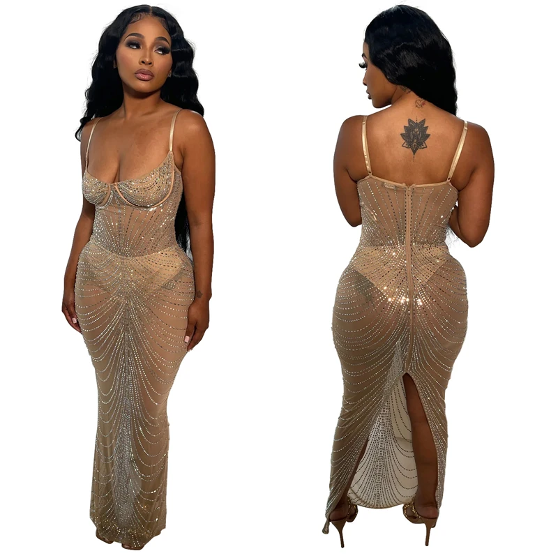 women wedding elegant sexy dinner party glitter diamond rhinestone crystal bead sleeveless mesh ball gown evening dress 2023