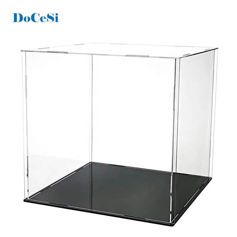 
High quality box custom clear showcase display case acrylic with black pedestal 
