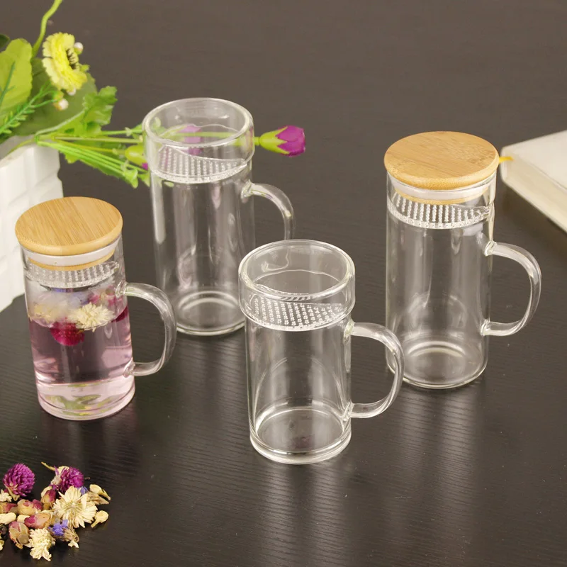 12oz Heat Proof Clear Teacup Hand Blown Heat Proof Drinking Cup Borosilicate Glass Tea Mug with Filter and Handle