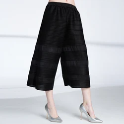 Issey Miyake Pleated ladies fashion casual elastic belt seven minutes Wide Leg Pants
