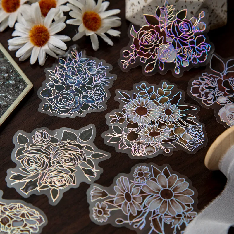20 pcs/pack Laser Silver Stickers Flower and Dream Song Series Dark Flower Theme Journal Material Base 6  Beautiful Models