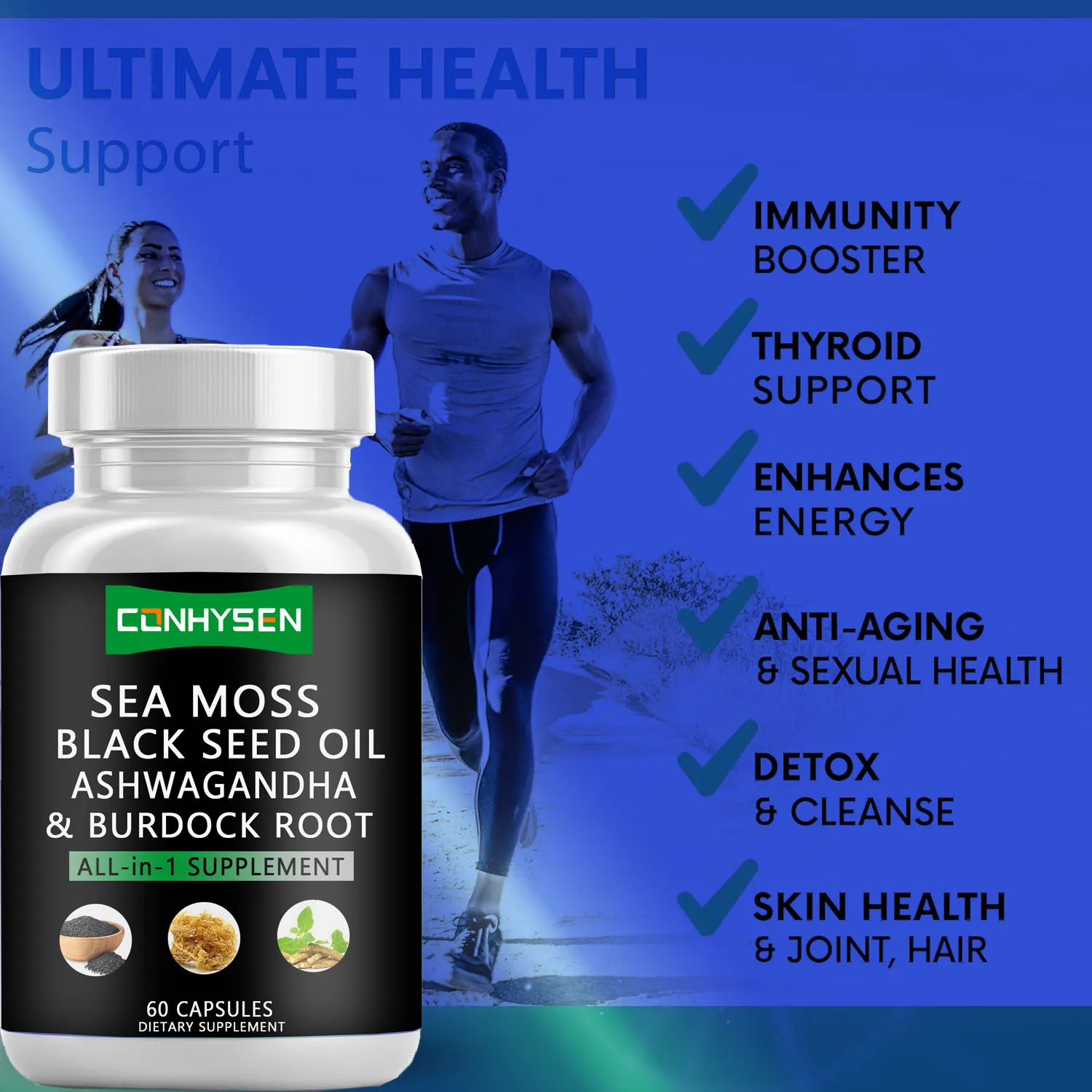Private Label Sea Moss Capsules Herbal Supplements Black Seed Oil 95% Turmeric Extract Bladderwrack Burdock Root OEM