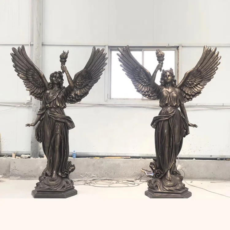 Ancient Outdoor Fiberglass Statue of Liberty Pair Goddess Female Angel Holding Torch for Sale
