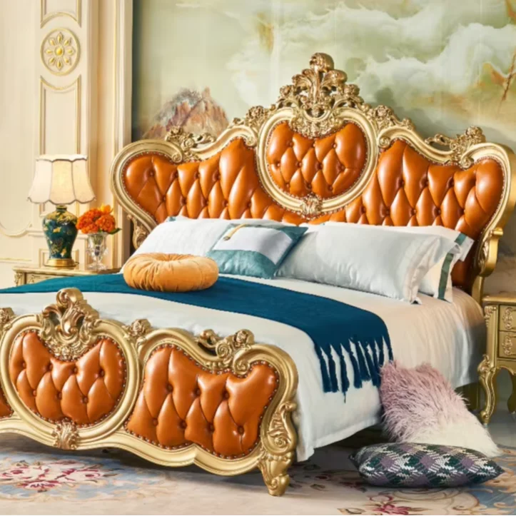 Luxury Antique European Style Gold Bed Royal Bedroom Princess Wall Bed Design Direct Factory Sale Solid Wood Furniture