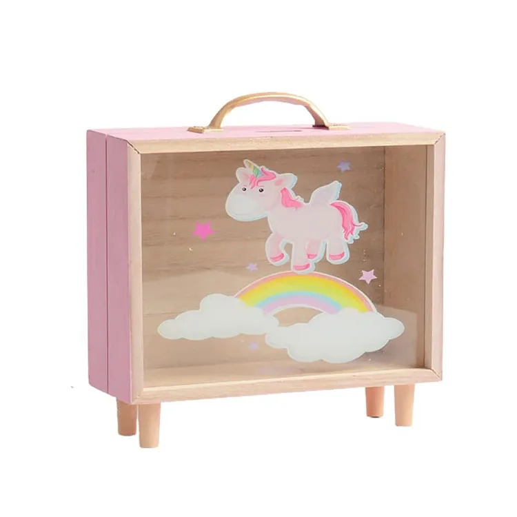 Vintage Style Suitcase Desk Decor Unicorn Set Wooden Piggy Bank